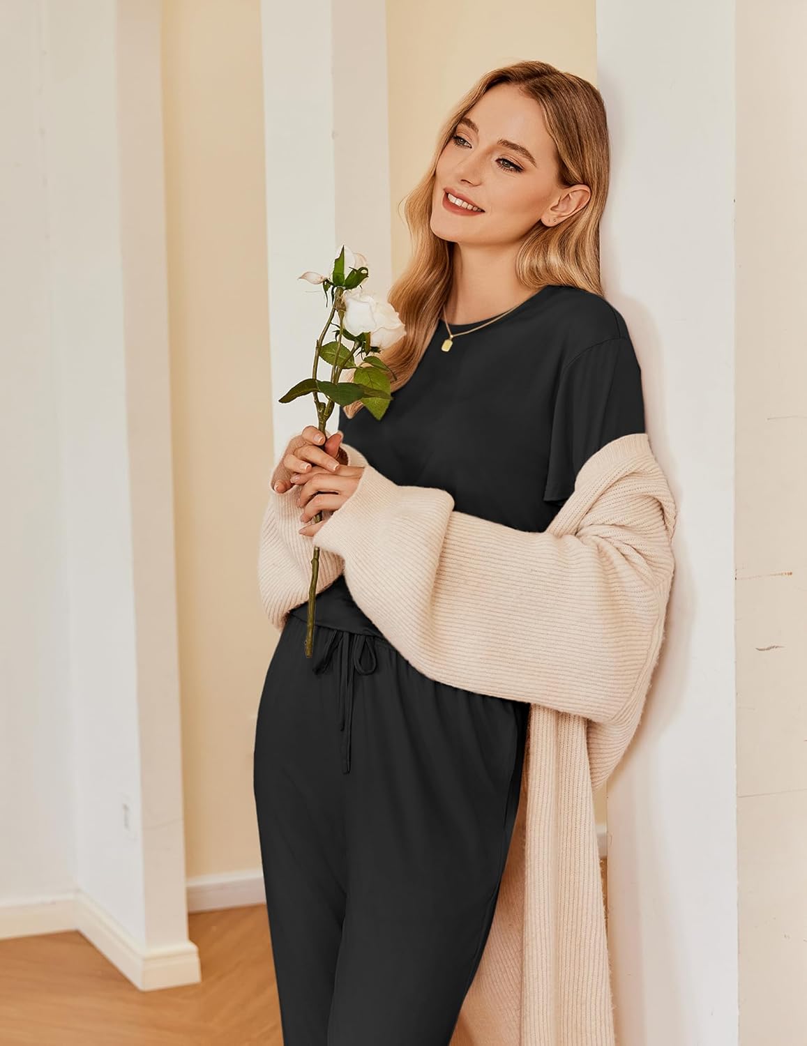 2-pack pajama set in black—short-sleeve crew top with drawstring waist pants