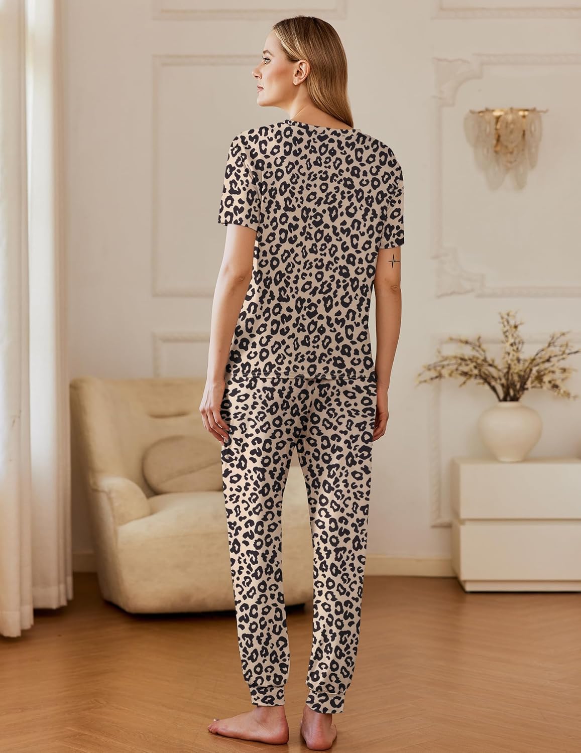 Leopard print pajama set with short sleeves and long drawstring pants, back view