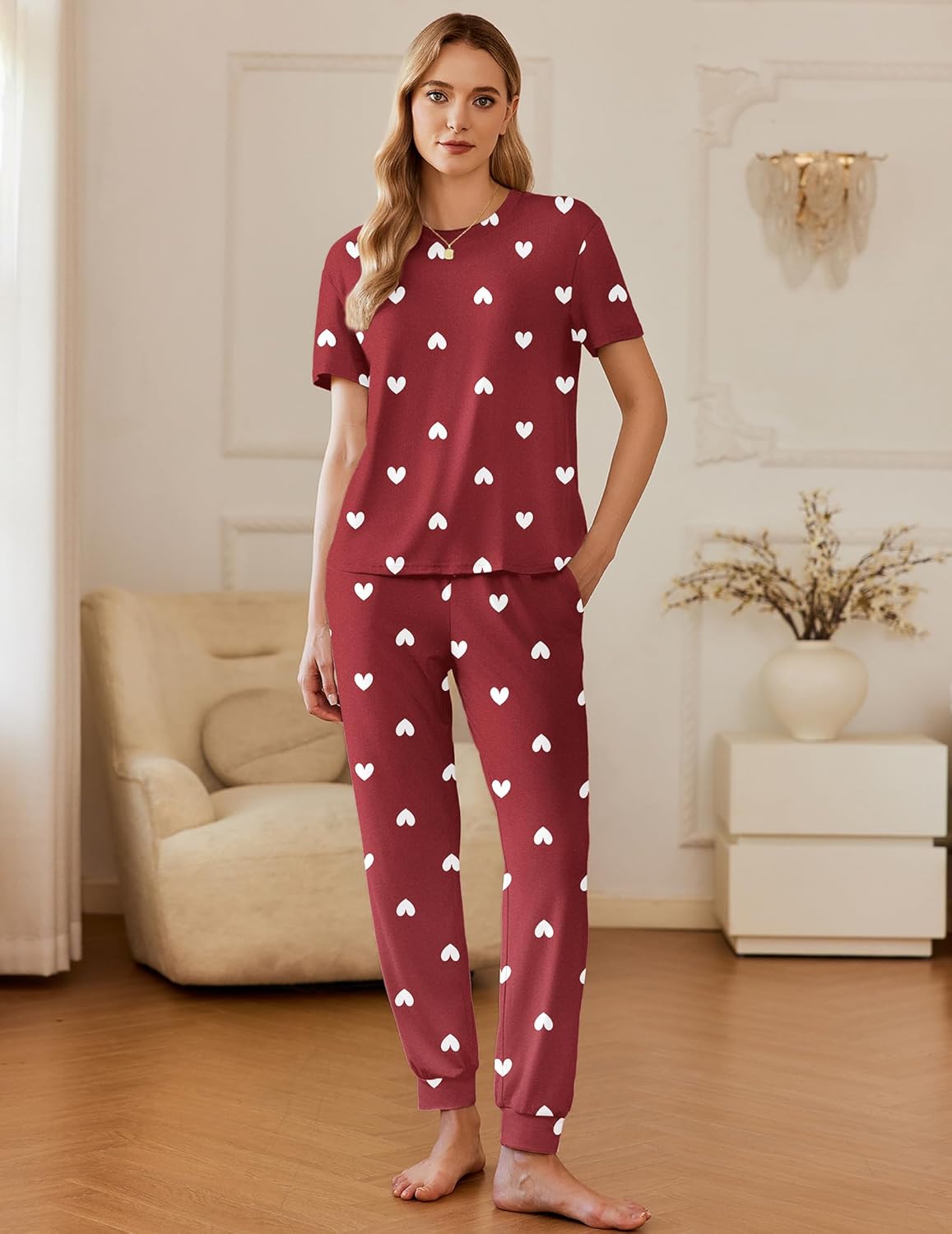 Maroon pajama set with white heart print, short sleeves and matching joggers