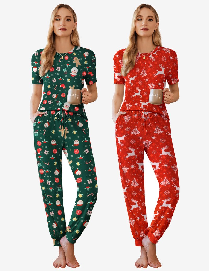 2-pack short sleeve lounge sets: green holiday print set and red holiday print set with drawstring pants