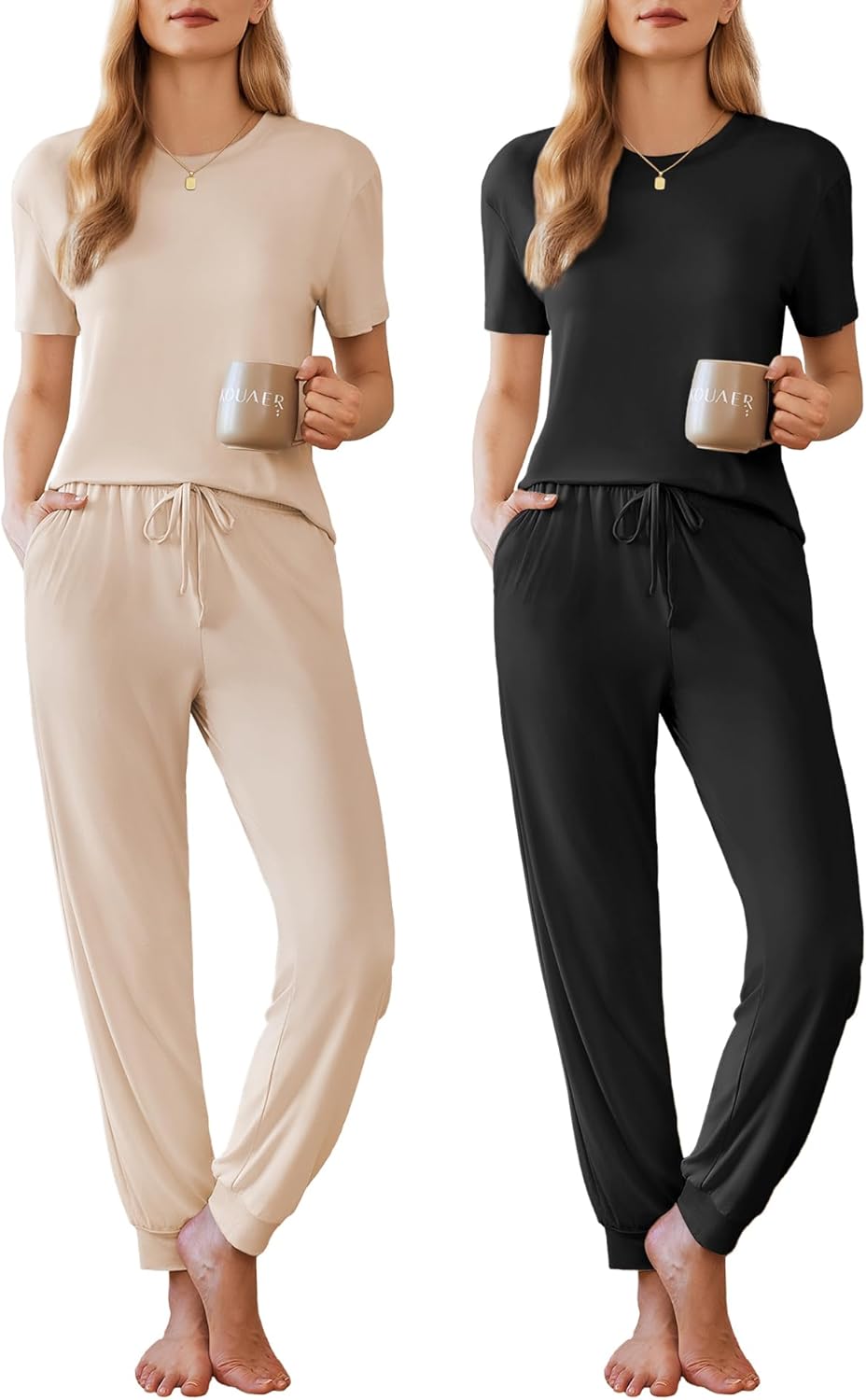 2-pack lounge pajama sets—beige short-sleeve top with jogger pants, and black set