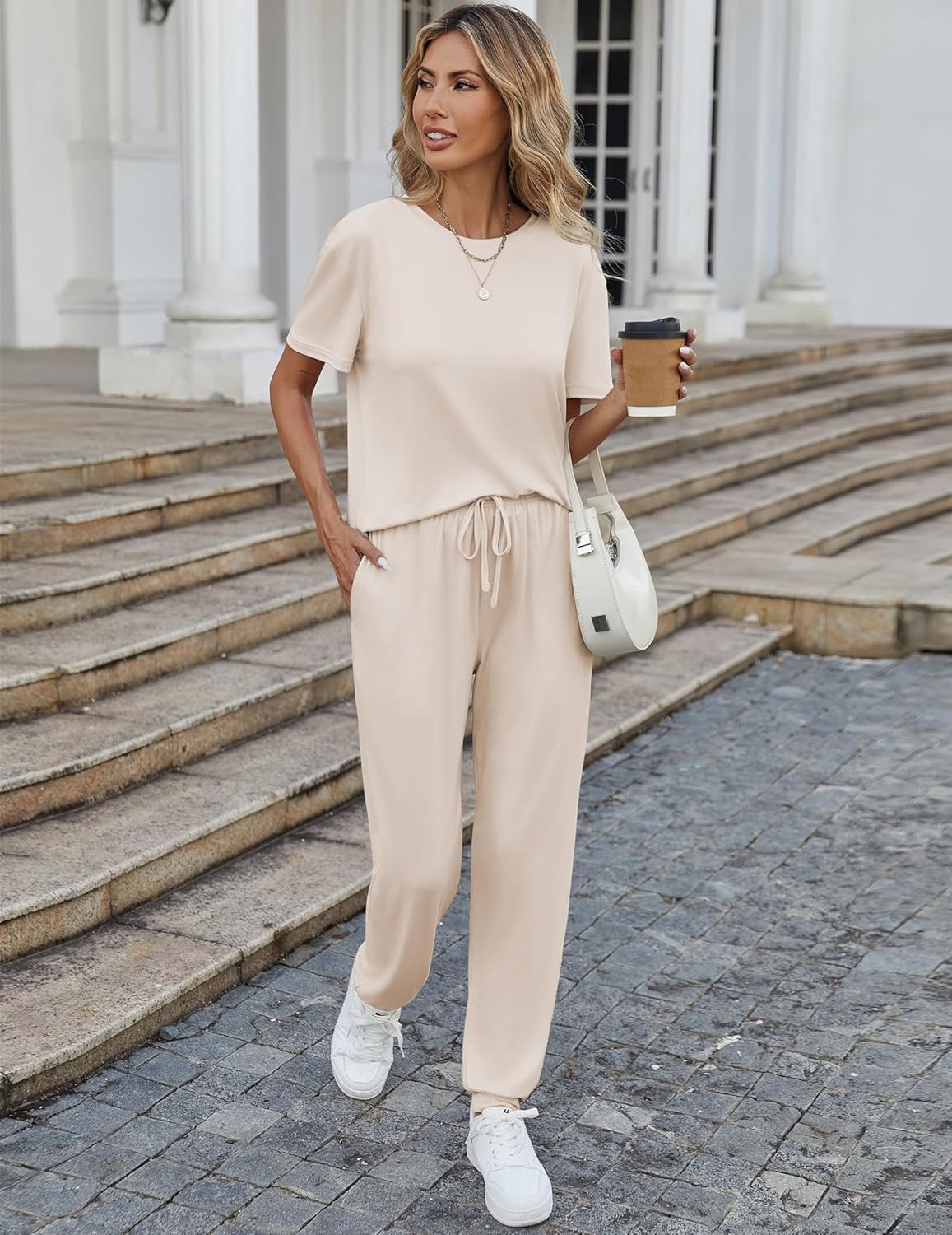 Beige short-sleeve pajama set with drawstring pants, two-piece lounge set