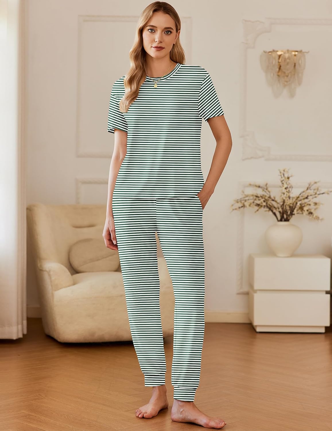 Green-and-white striped short-sleeve pajama set with drawstring joggers