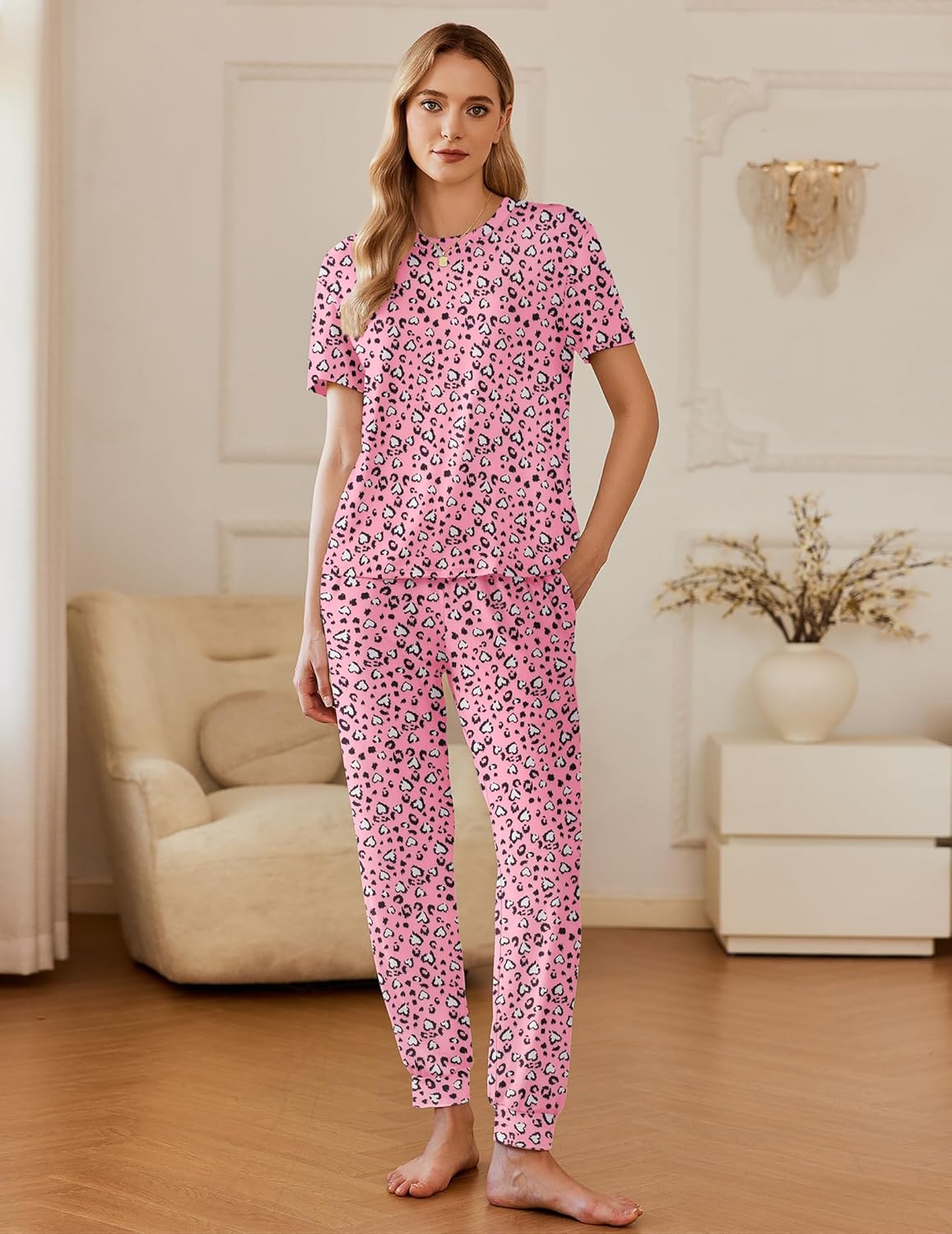 2-pack pajama set in pink—short-sleeve leopard print top with matching drawstring pants