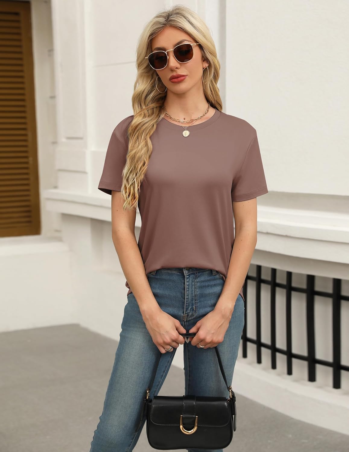 Mauve short-sleeve pajama top with round neckline