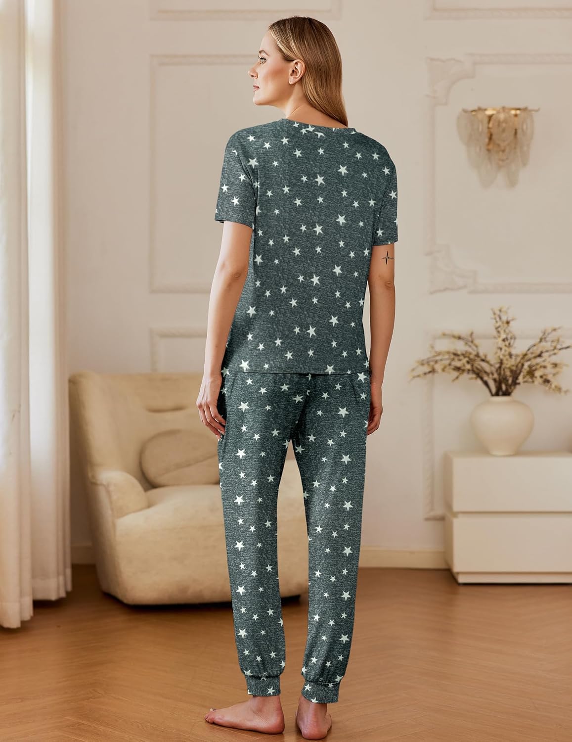 2-pack pajama set, dark green with white star print—short-sleeve top and matching pants