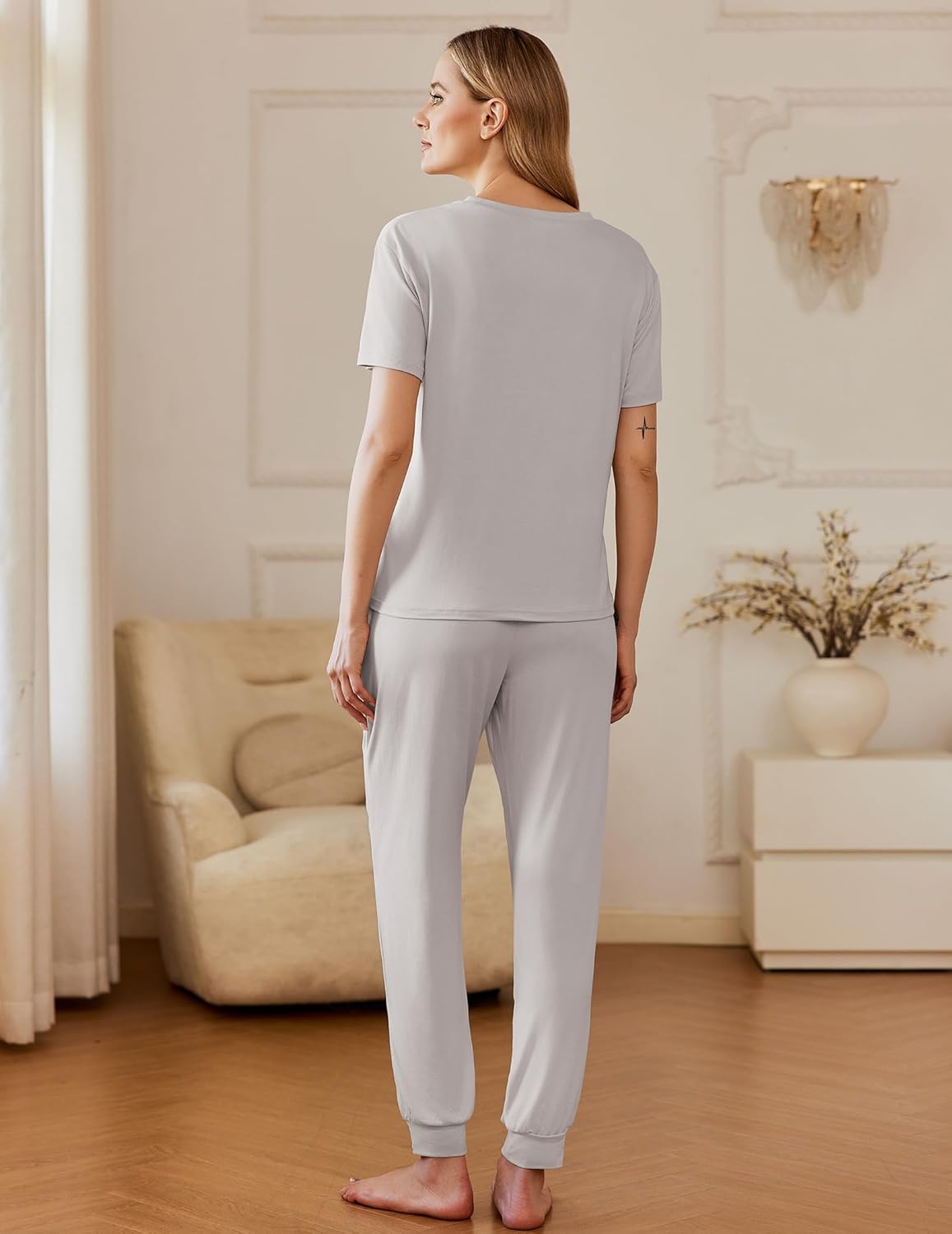 Light gray short-sleeve pajama set with matching drawstring pants, back view