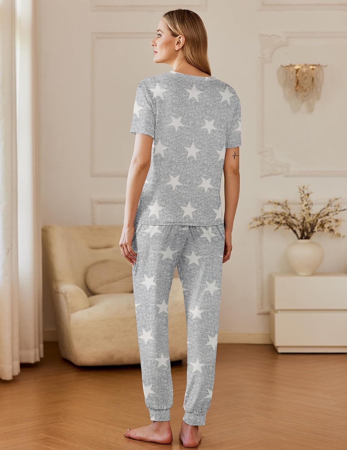 Light gray star print pajama set with short sleeves and long drawstring pants, back