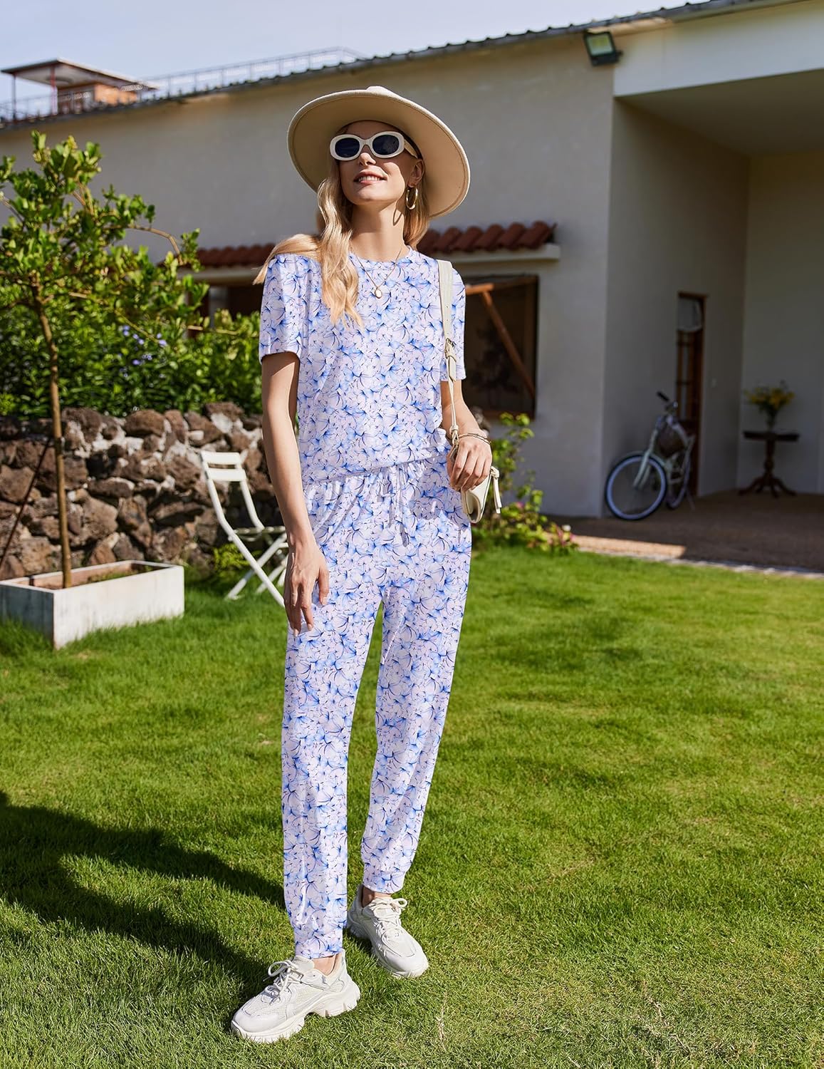 2-pack blue floral pajama set—short-sleeve top and matching long pants with drawstring