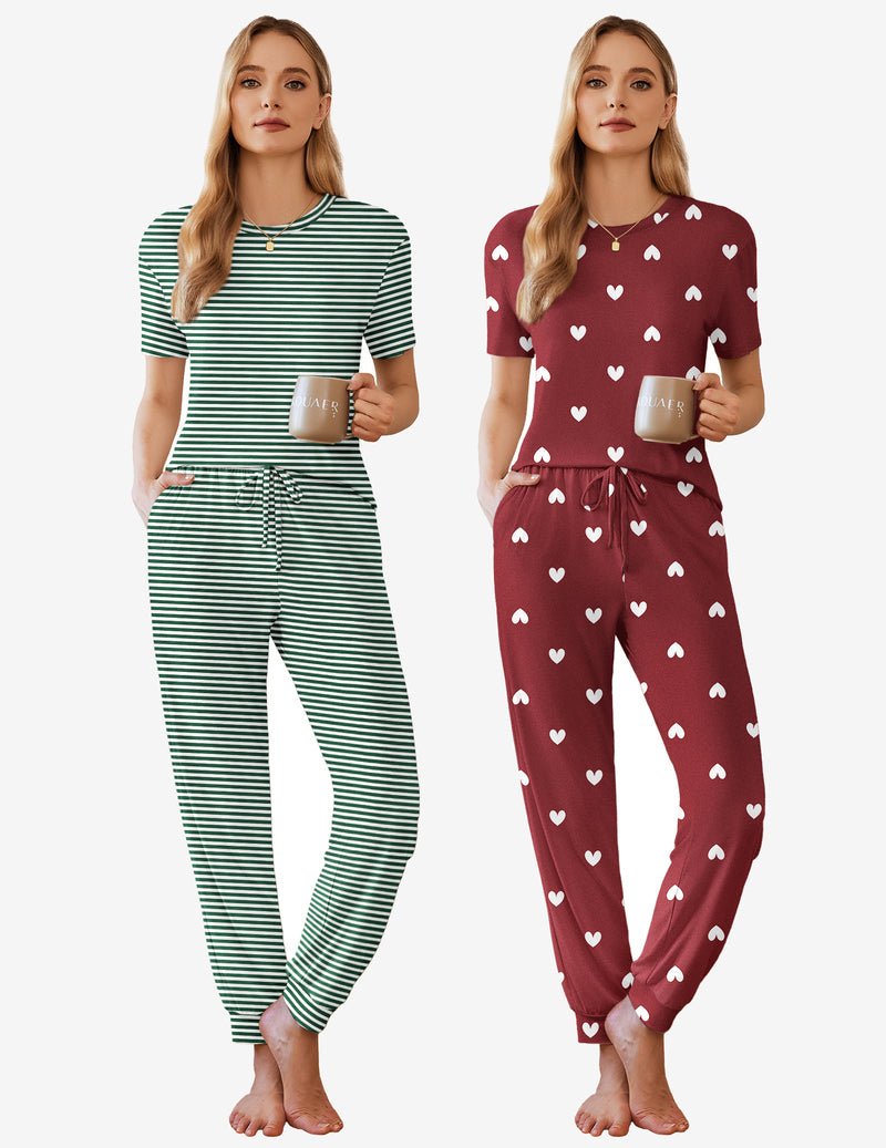 2 Pack pajama sets, green stripe and burgundy heart print short-sleeve jogger sets