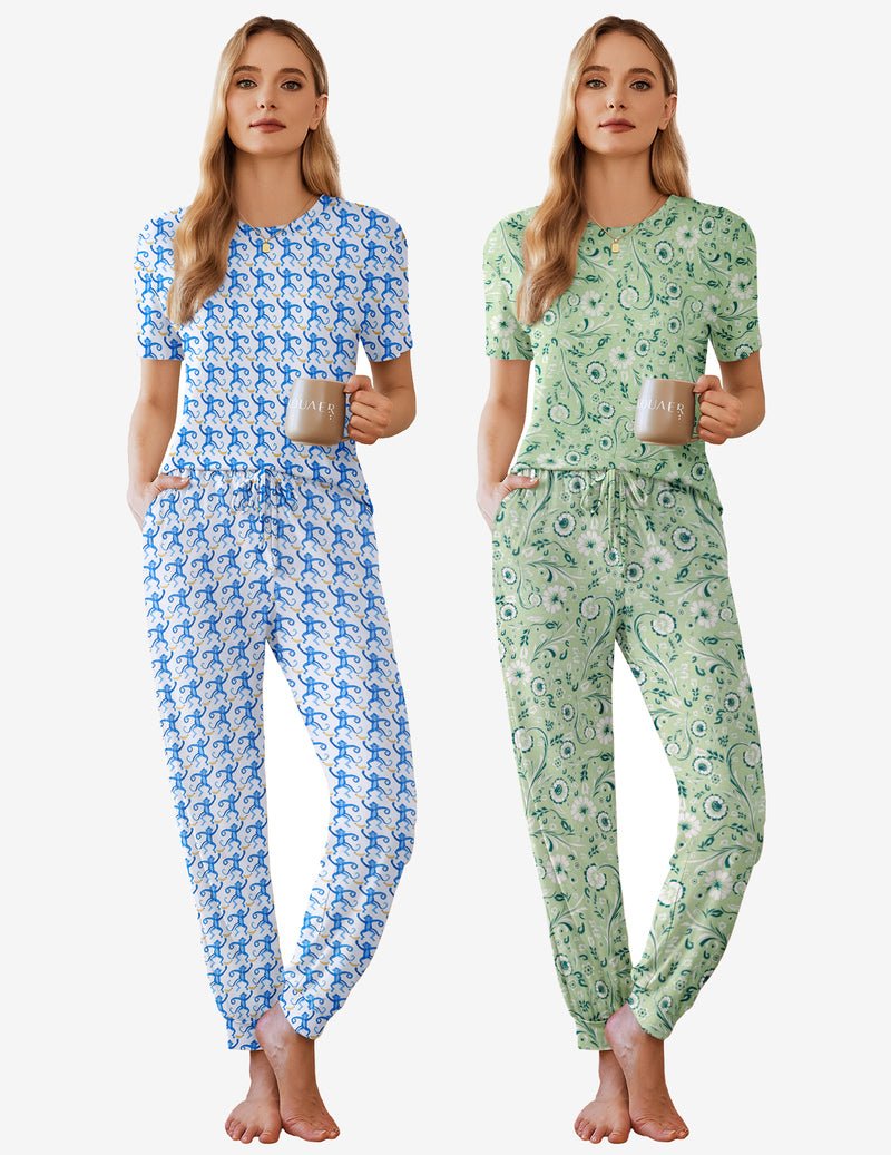 2 Pack pajama sets, blue anchor print and green paisley short-sleeve jogger sets