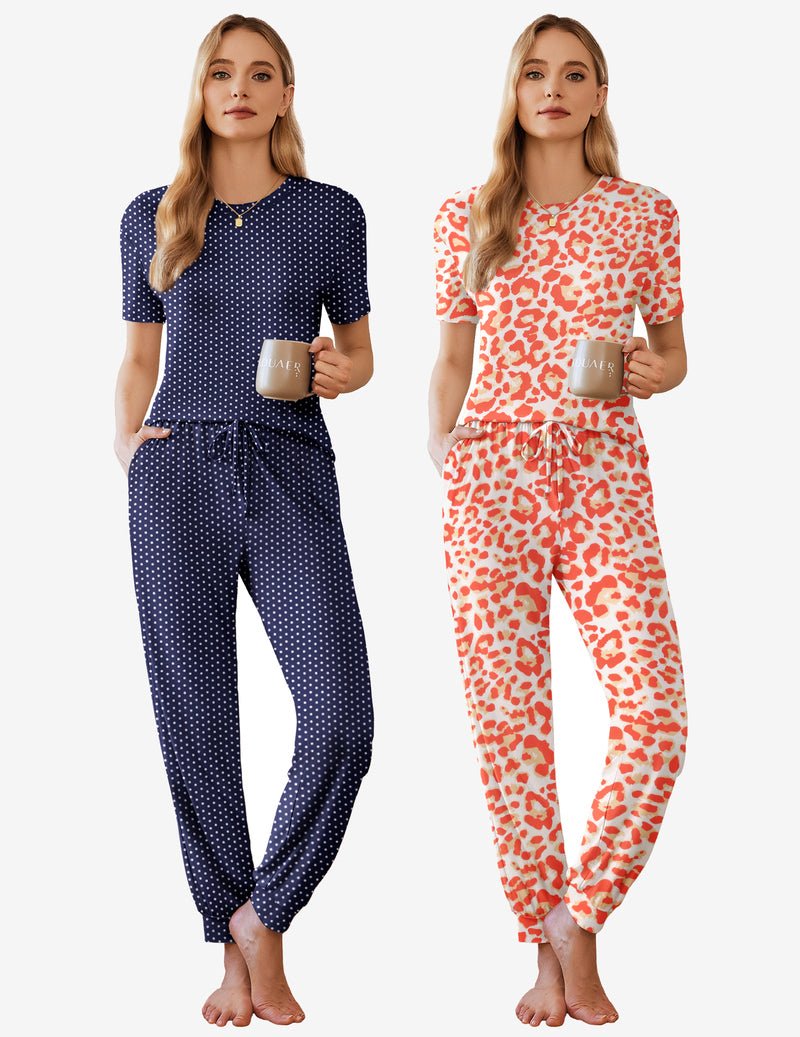 2 Pack pajama sets, navy dot and coral leopard short-sleeve lounge sets
