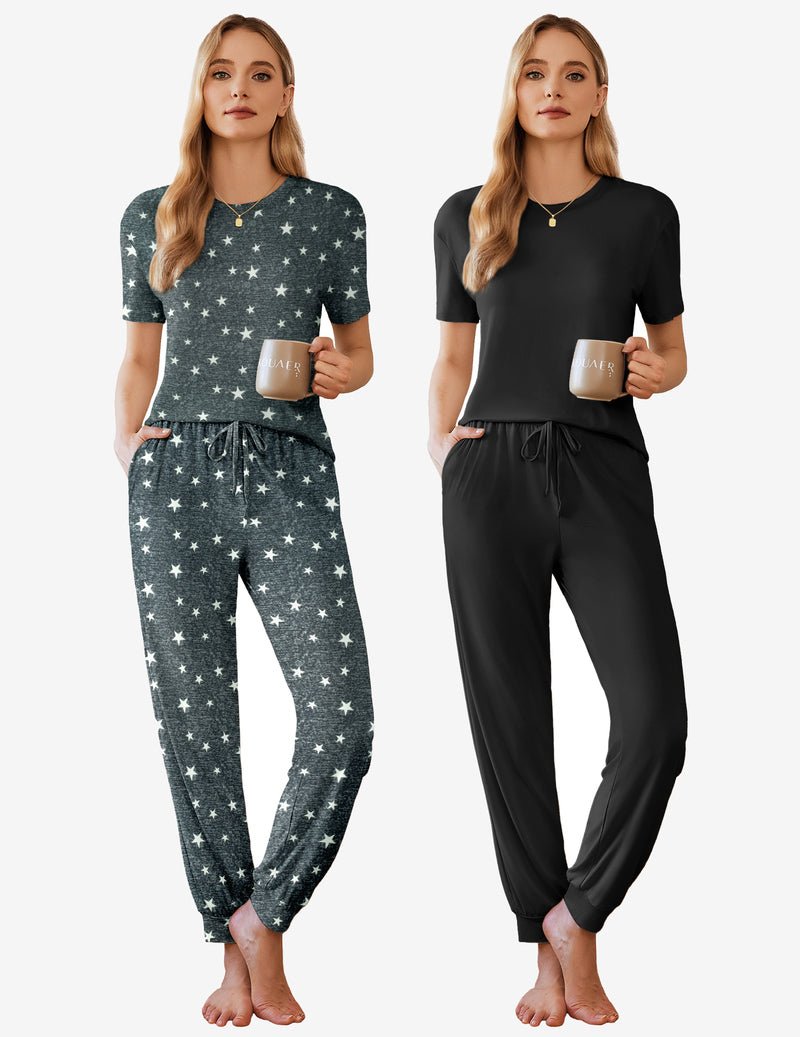 2 Pack pajama sets, star print short-sleeve tops with drawstring lounge joggers