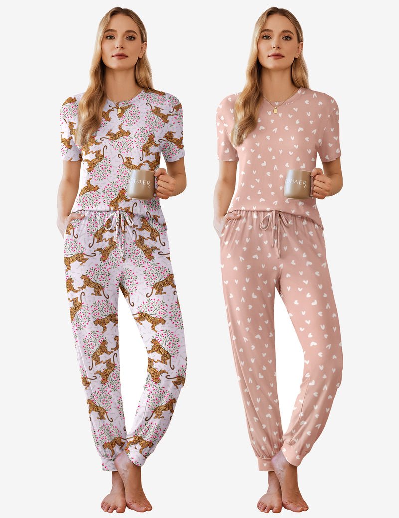2 Pack pajama sets, pink animal print and pink heart print short-sleeve lounge joggers