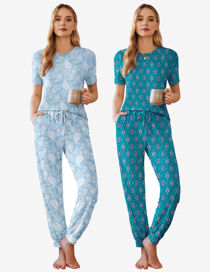 2 Pack pajama sets, light blue paisley and teal pattern short-sleeve lounge joggers