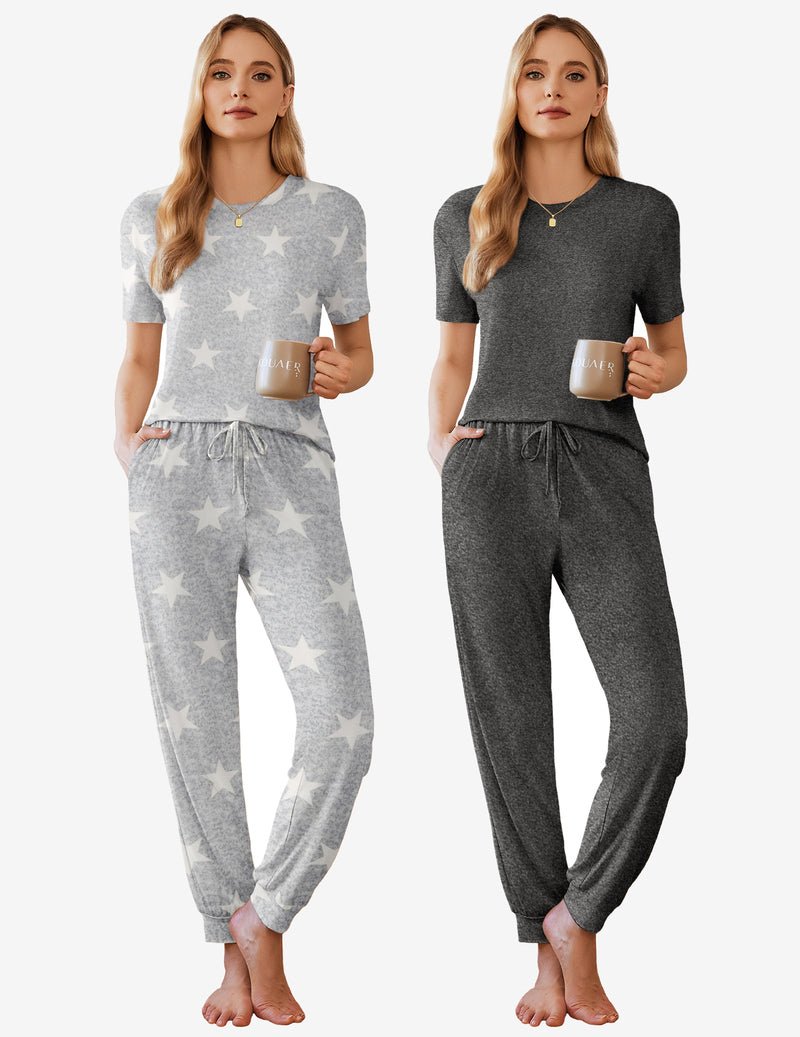 2 Pack pajama sets, gray star and dark gray heather short-sleeve drawstring joggers