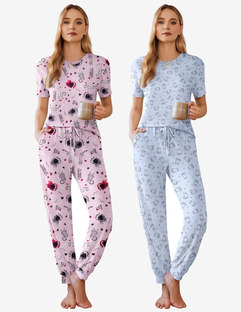 2-pack pajama set: pink patterned short-sleeve top & joggers; light blue patterned set