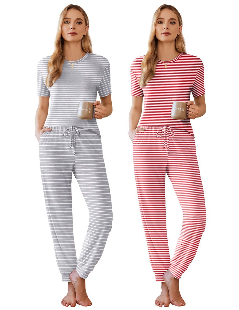 2 Pack pajama sets, gray and red striped short-sleeve tops with drawstring joggers