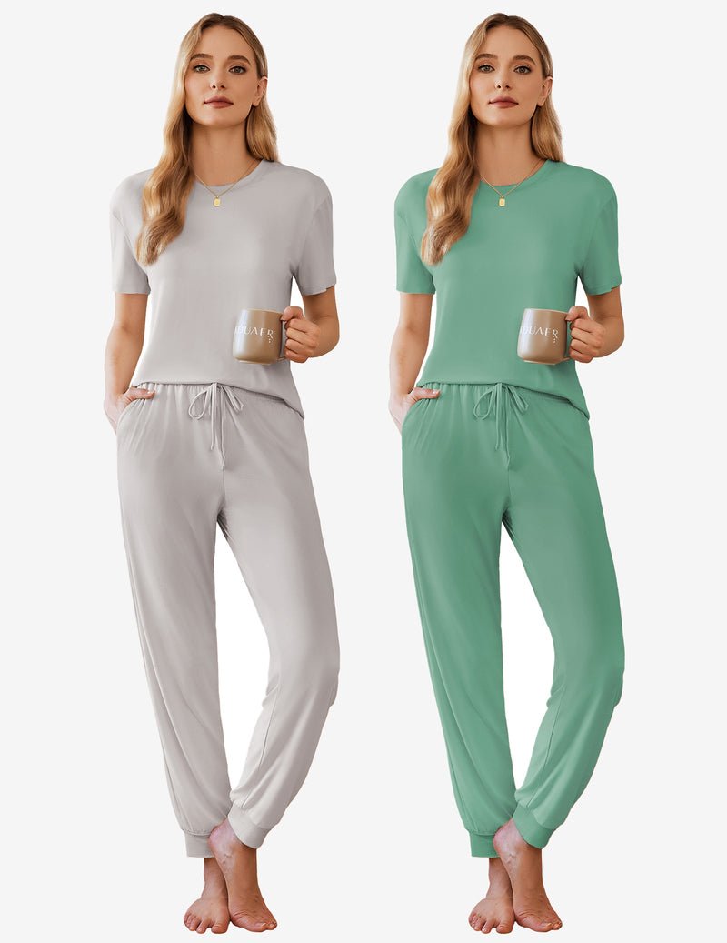 2-pack lounge sets: light gray and green—short-sleeve tops with drawstring jogger pants