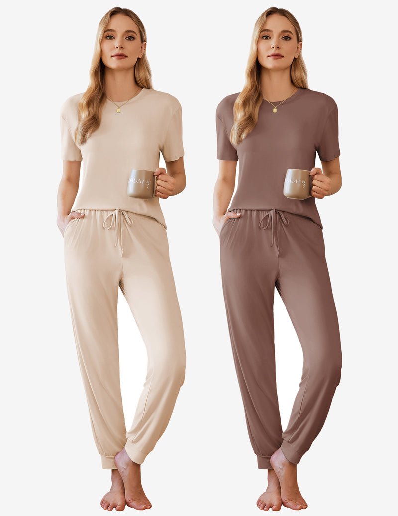 2-pack pajama set: light khaki and brown short-sleeve tops with drawstring joggers