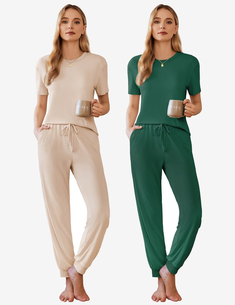 2-pack pajama sets: beige and green—short-sleeve tops with drawstring jogger pants