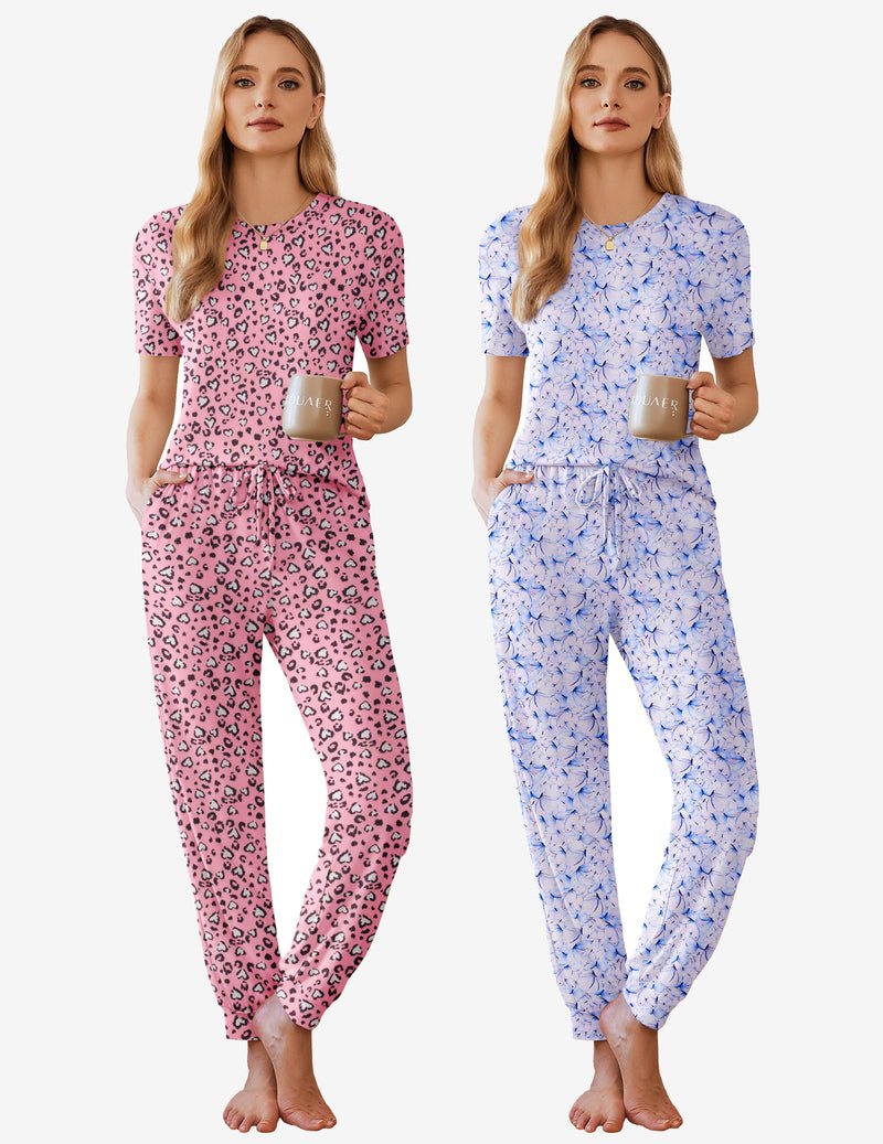 2-pack pajama sets: pink leopard print and light blue floral print—short-sleeve tops with pants