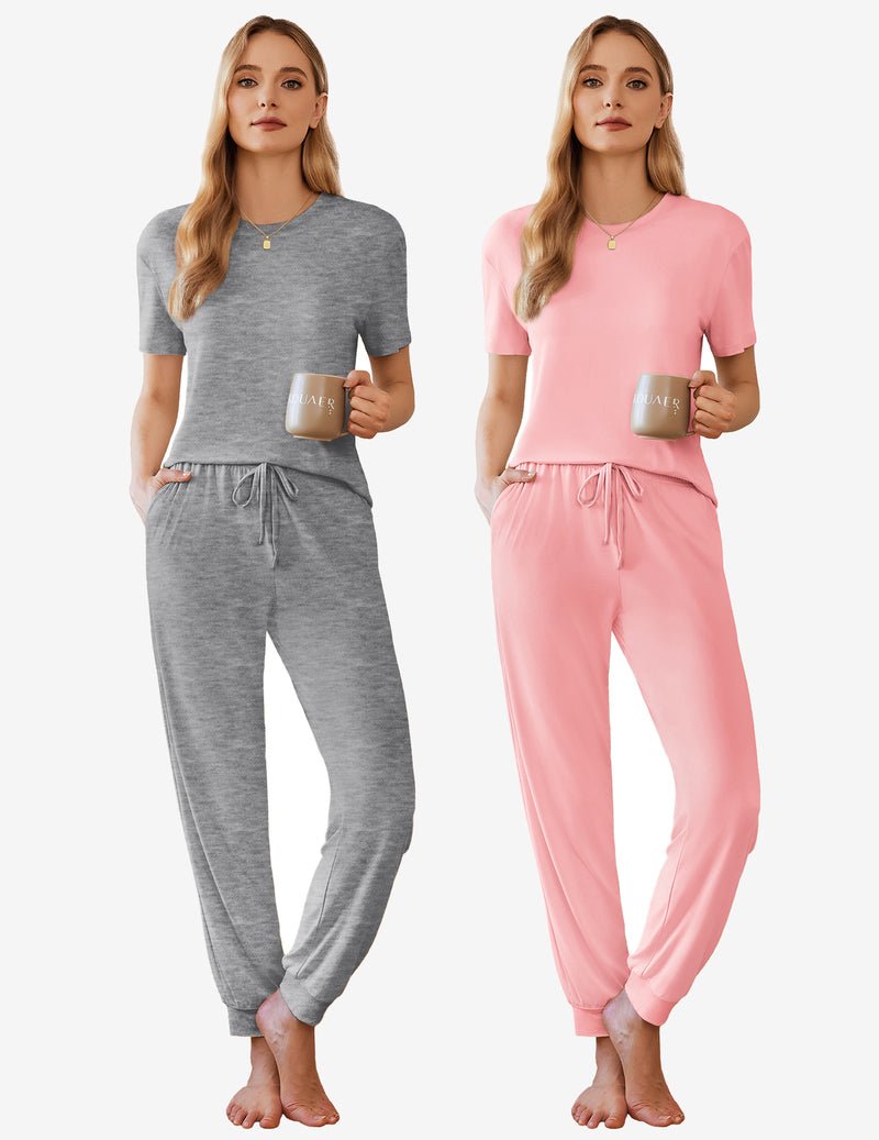 2 Pack pajama sets, gray and pink short-sleeve lounge sets with drawstring pants