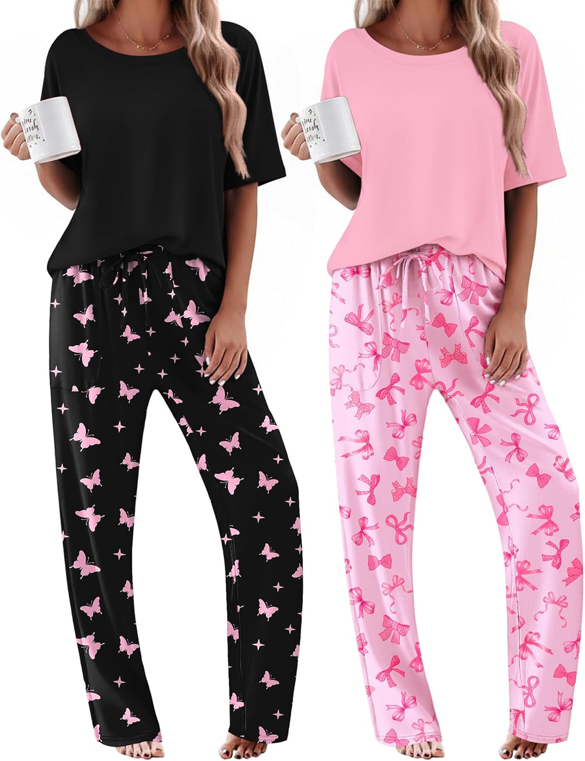 Pigiama 2 pezzi: top nero con pantaloni fantasia farfalle rosa