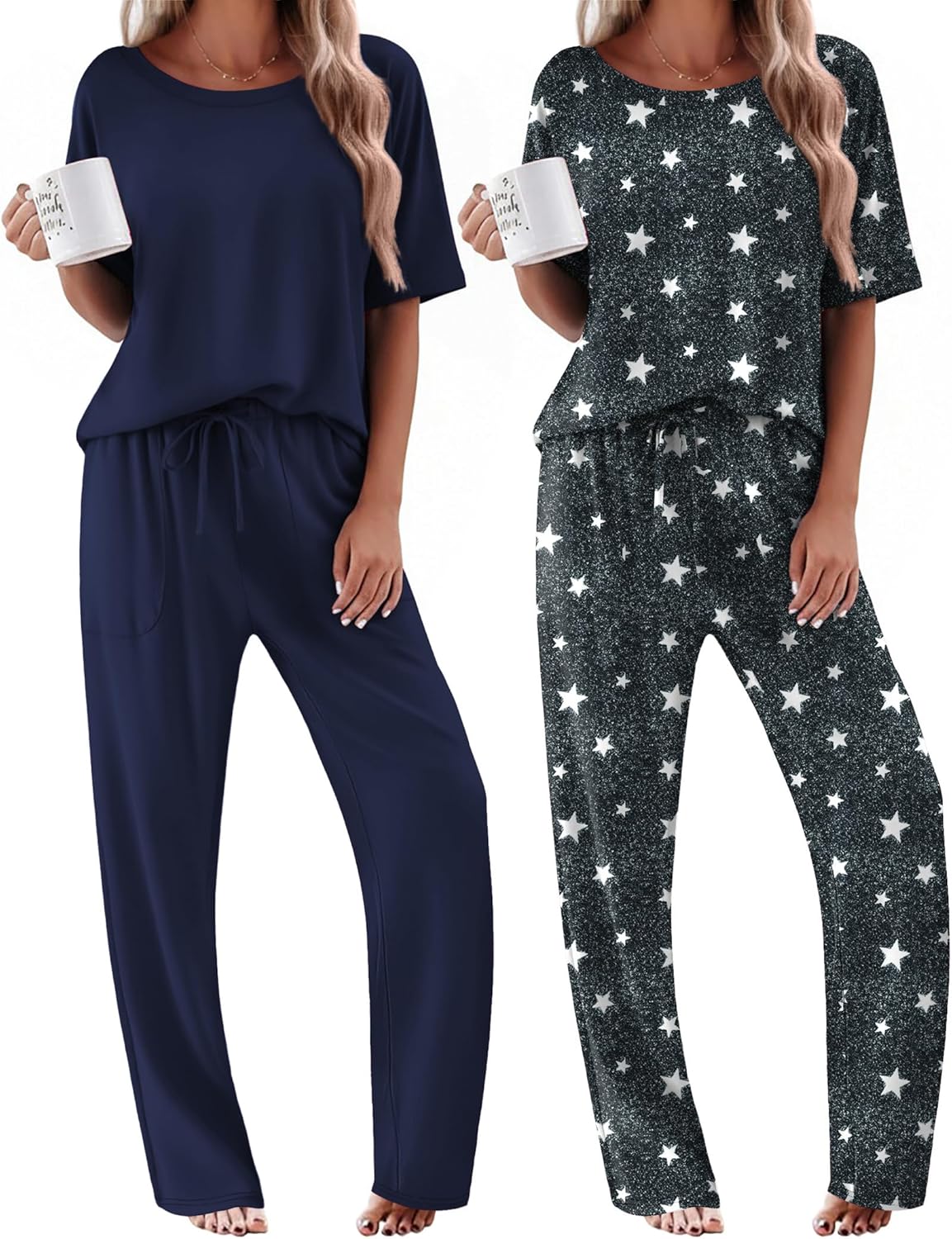 2-pack pajama sets: navy solid top and black star print long set