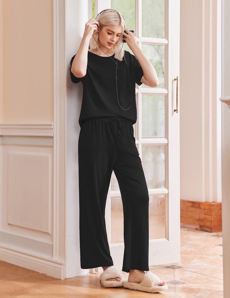 Pigiama 2 pezzi nero: top maniche corte e pantaloni lunghi
