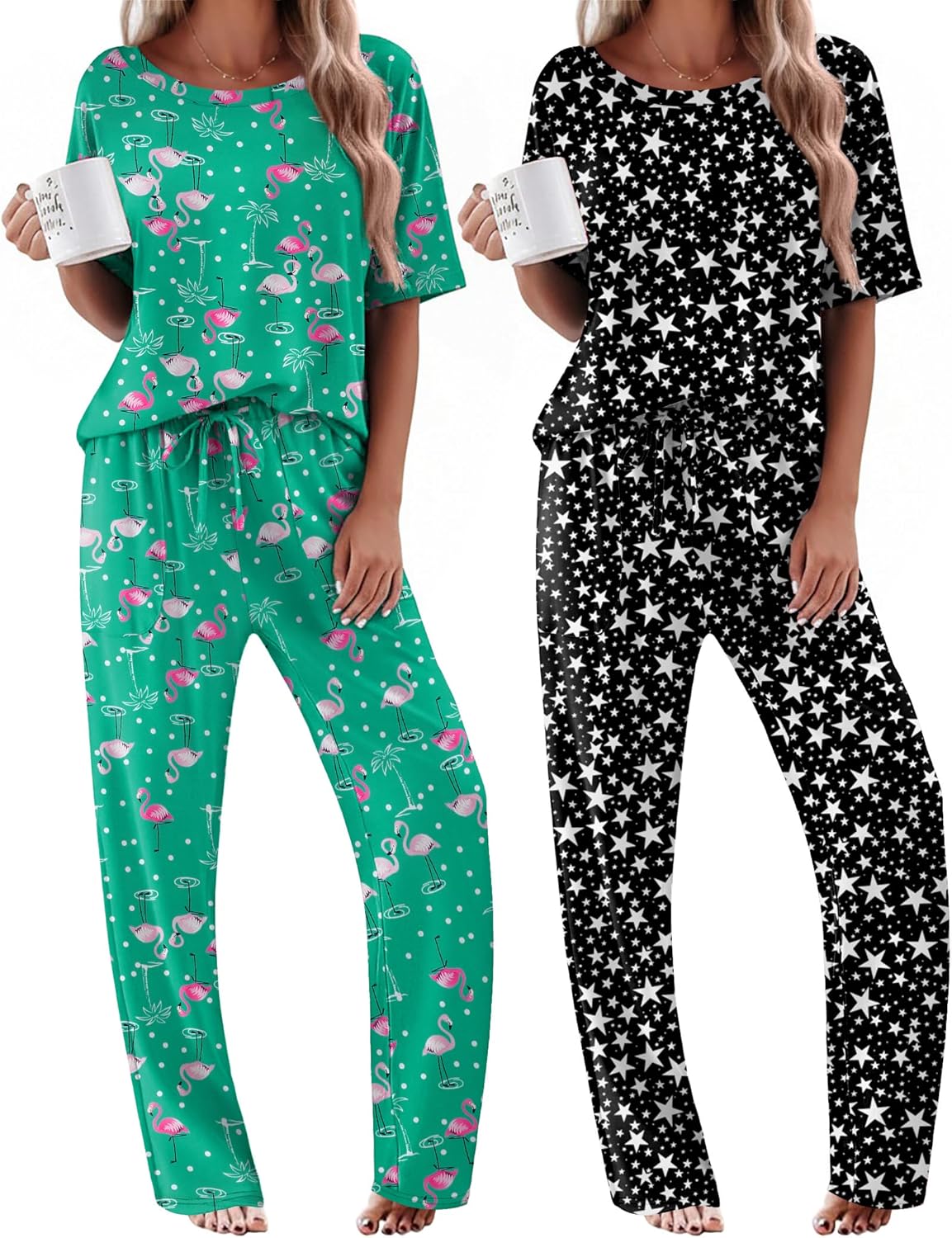 Pigiama 2 pezzi: set verde fenicotteri e set nero a stelle con pantaloni