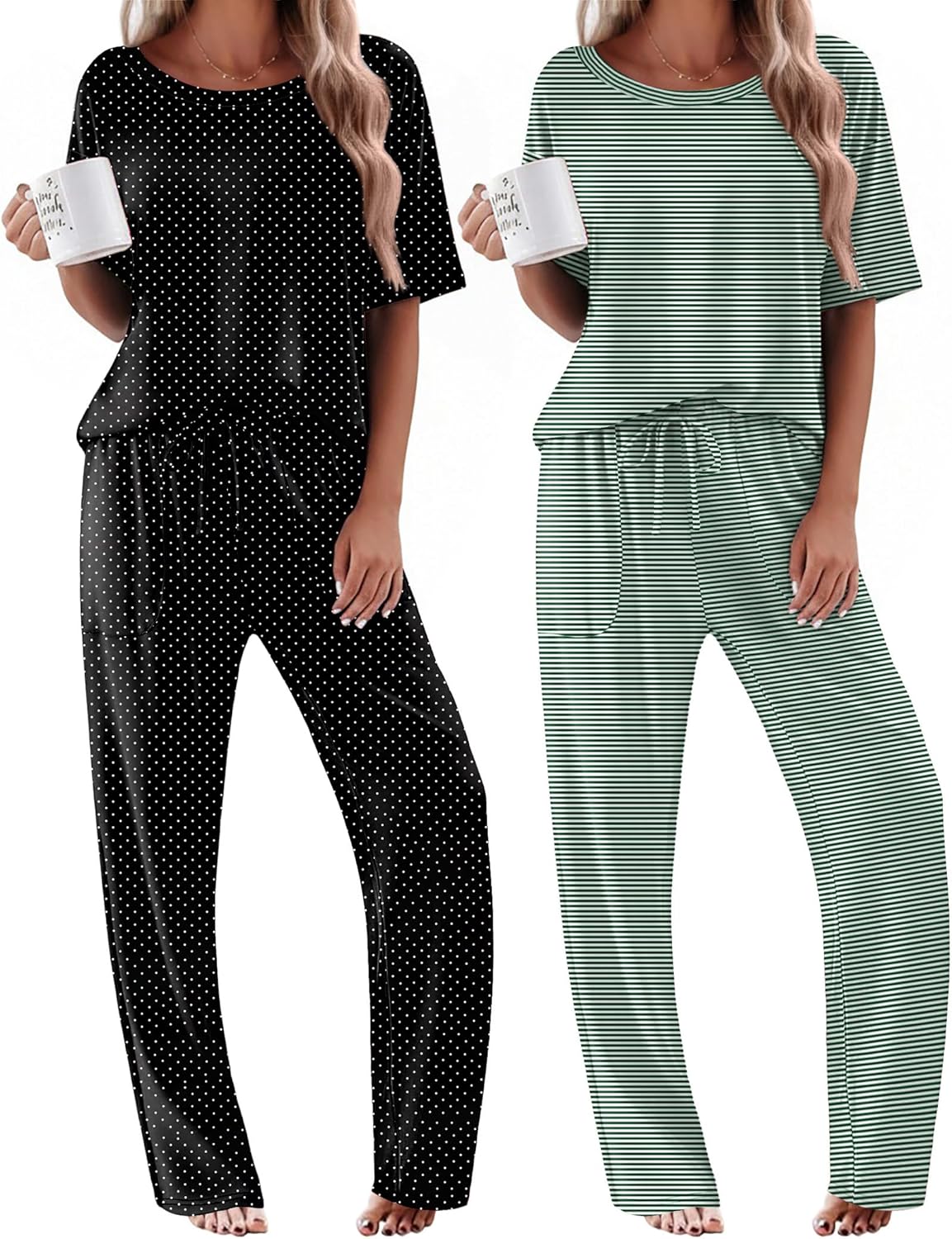 2-pack pajama sets: black with tiny white dots and green/striped long pants