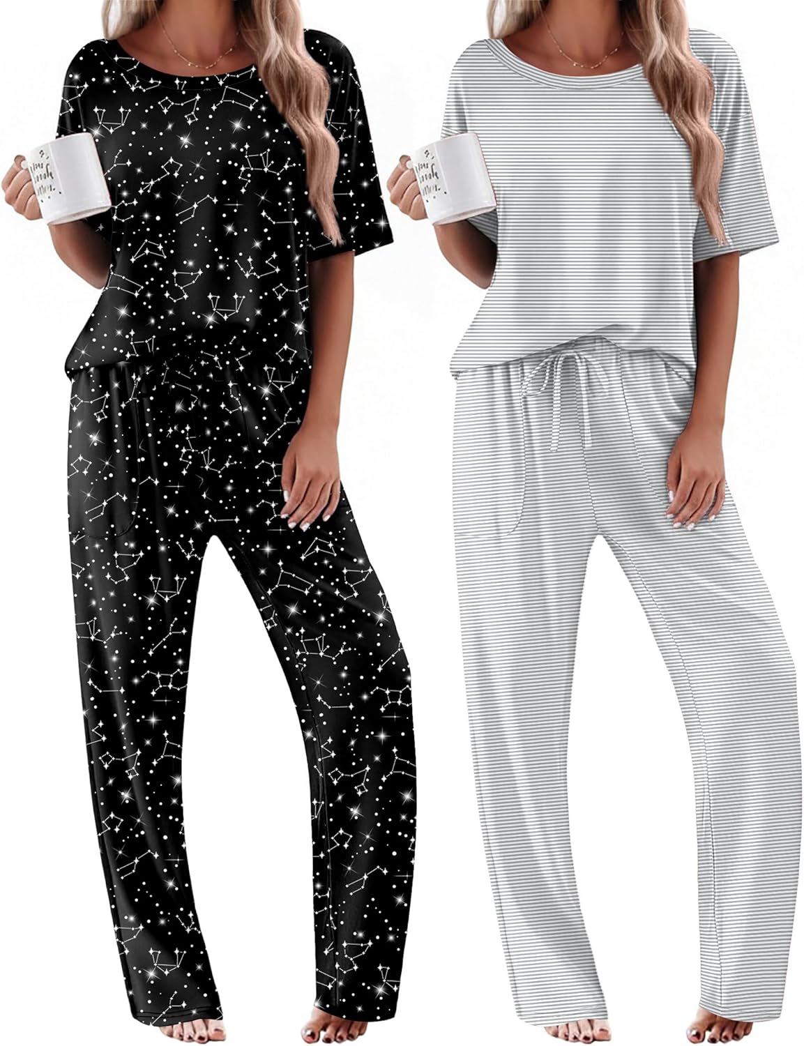 2-pack pajama sets: black starry geometric print and light gray striped long sets