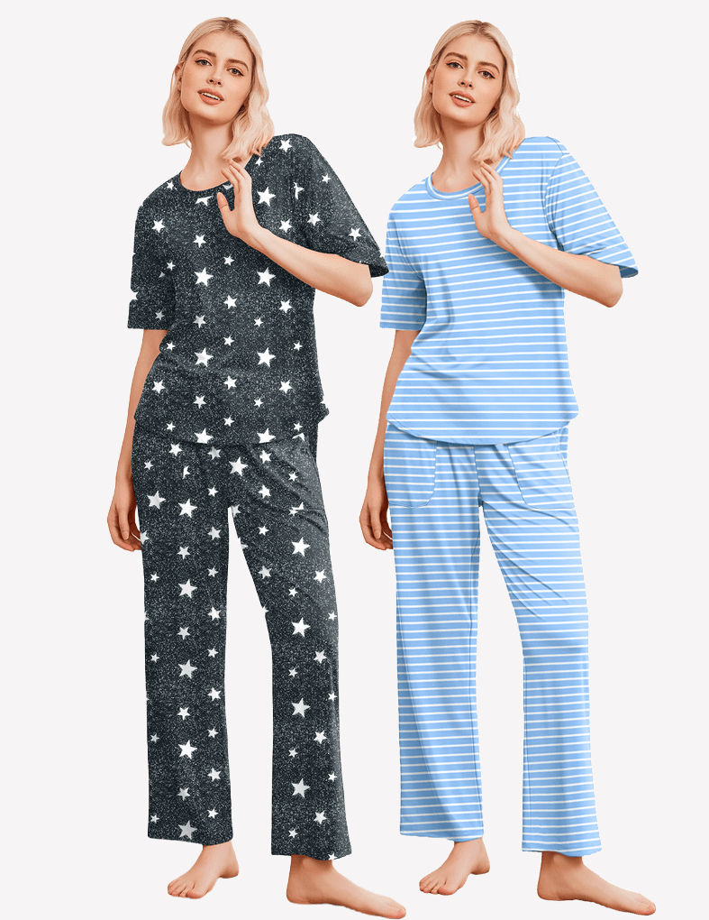 2-pack pajama sets: black star print top/pants and light-blue striped top/pants