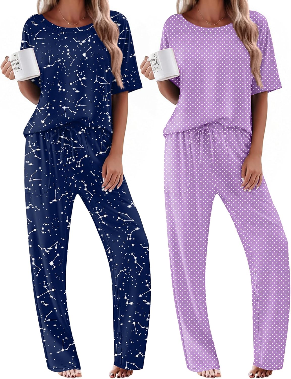 2-pack pajama sets: dark navy starry print and lavender polka-dot long set