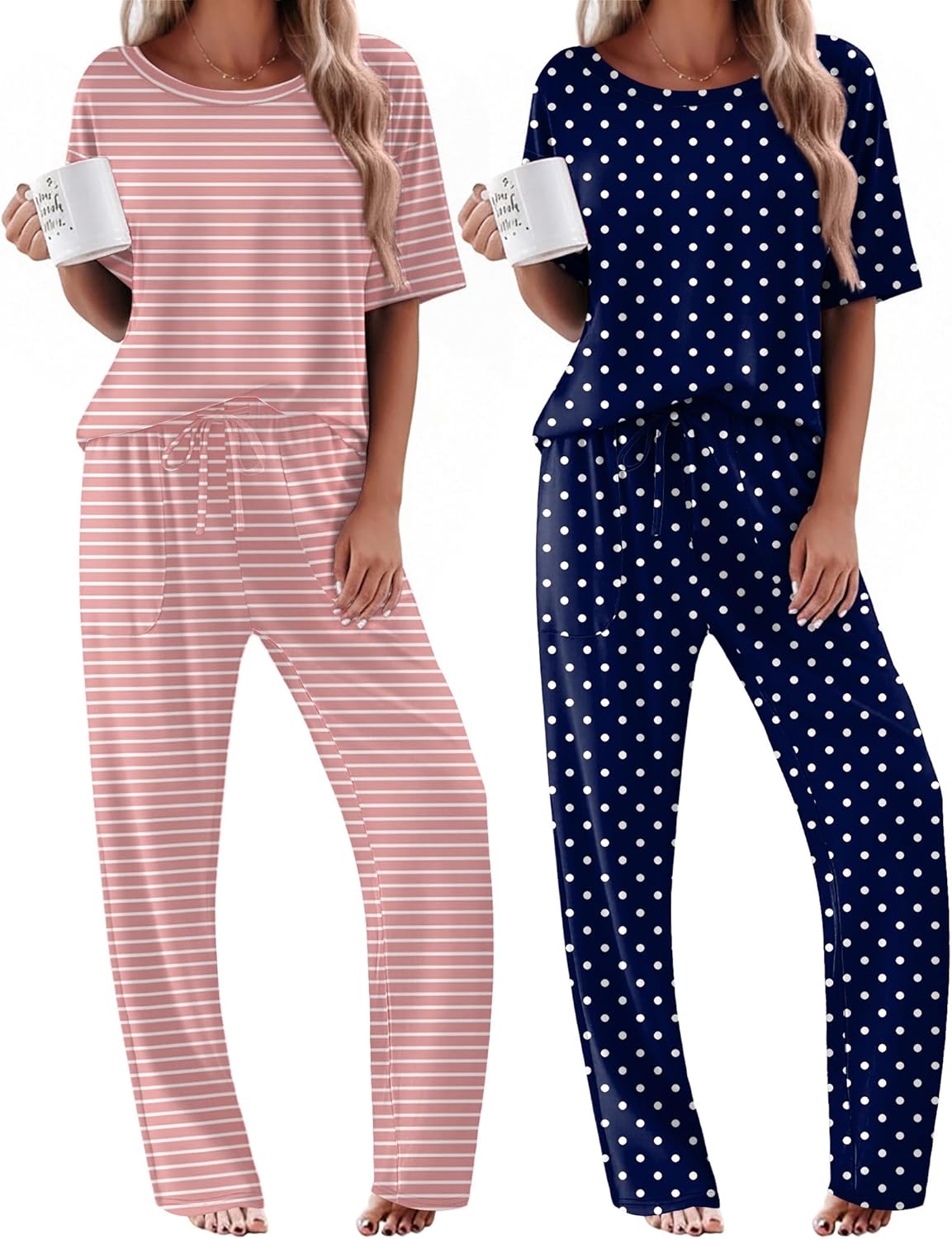 2-pack pajama sets: blush pink striped and navy with white polka dots, matching pants