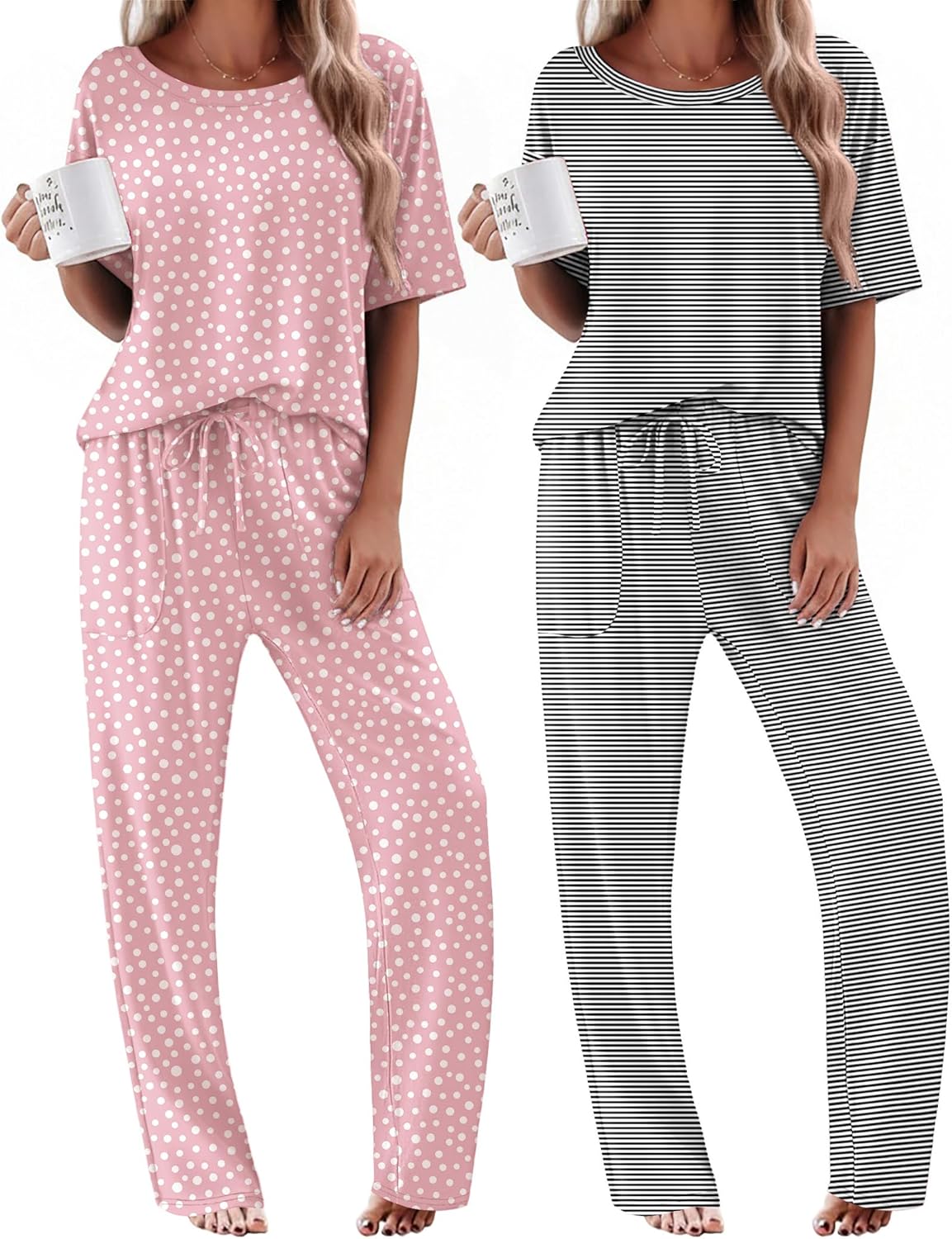 2-pack pajama sets: pale pink polka-dot long set and white/black striped long set