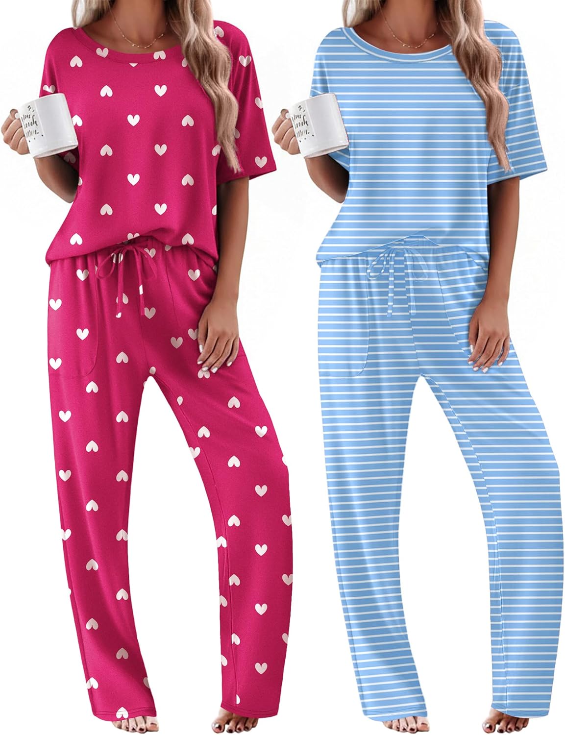 2-pack pajama sets: pink heart print and light-blue striped top with matching pants