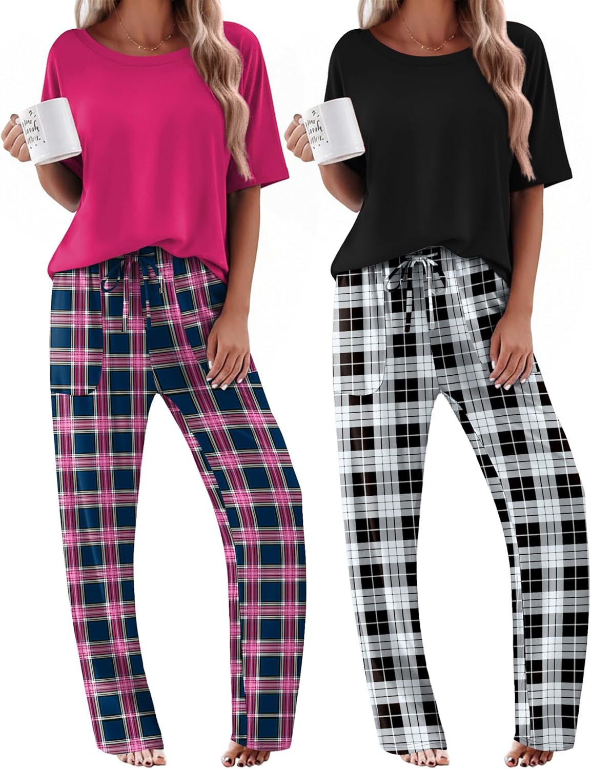 2-pack pajama sets: fuchsia solid top with plaid pants and black plaid long pants