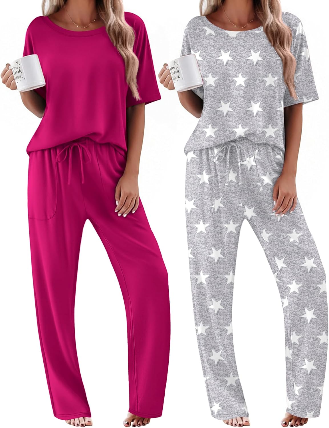 2-pack pajama sets: fuchsia solid set and gray star print top/pants