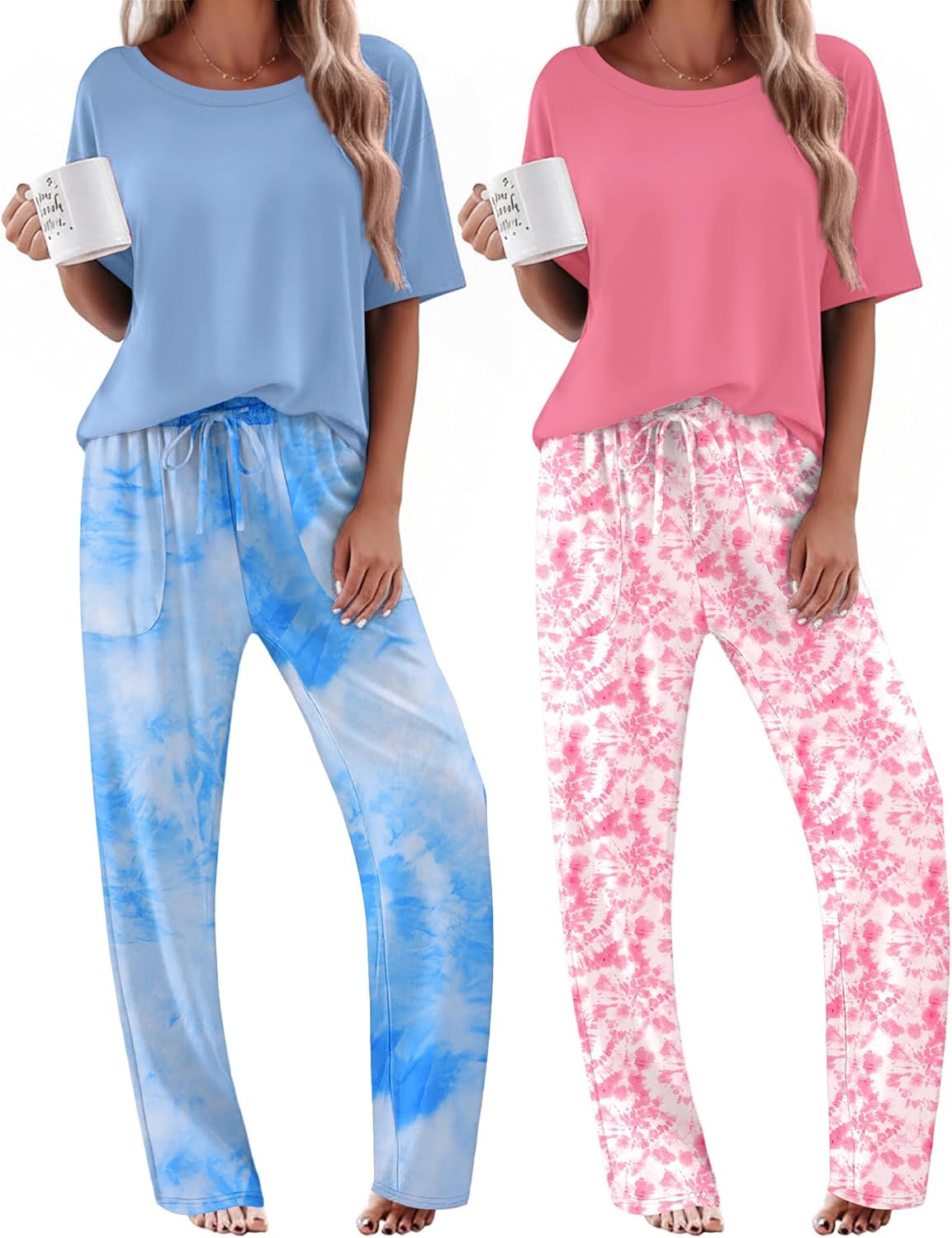 Pigiama 2 pezzi: top manica corta azzurro con pantaloni tie-dye blu