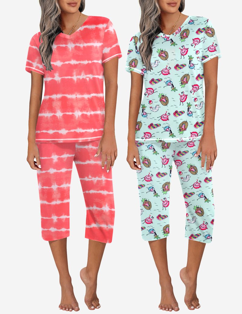 Pajama set, red tie-dye short-sleeve top with capri pants and light blue print