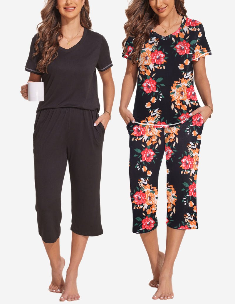 2-pack pajama set, black solid short-sleeve top with capri pants and floral set