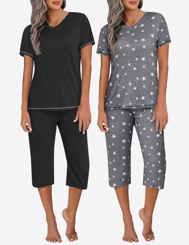 2-pack lounge sets: solid black short-sleeve top with black capri pants; gray star capri set
