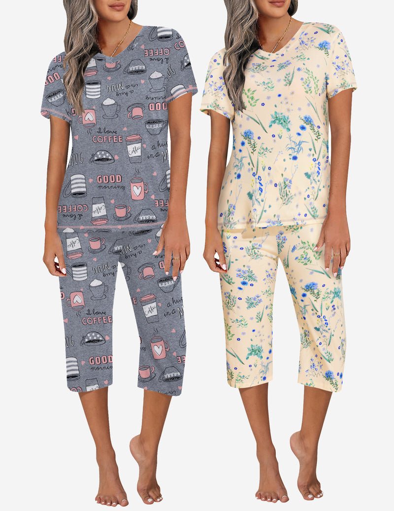 Two pajama sets: gray screen-print pattern and light pastel floral pattern with capri pants