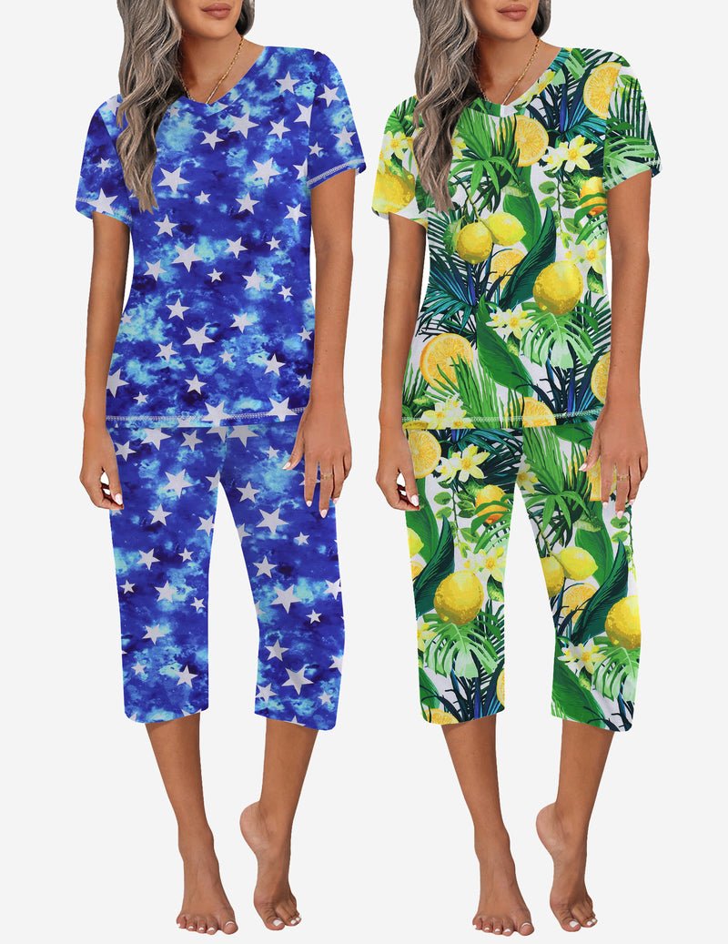 Two pajama sets: blue star print and green tropical lemon print, both with capri pants