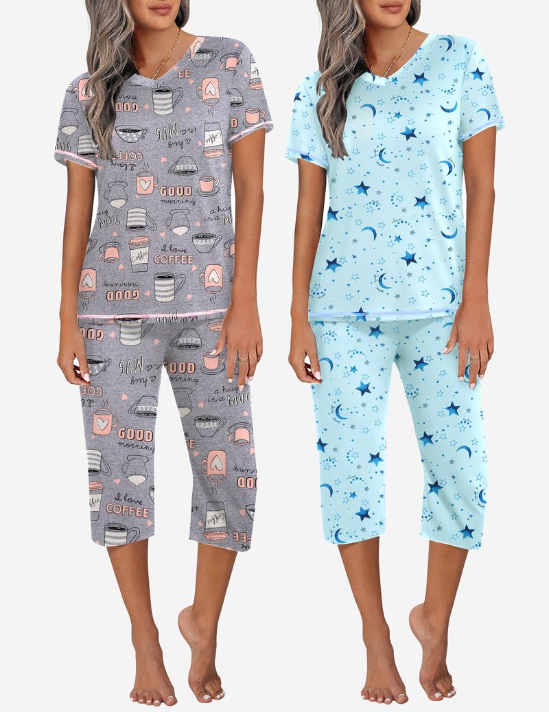Women's 2-pack pajama sets: gray coffee-print and light-blue moon-star capri sets
