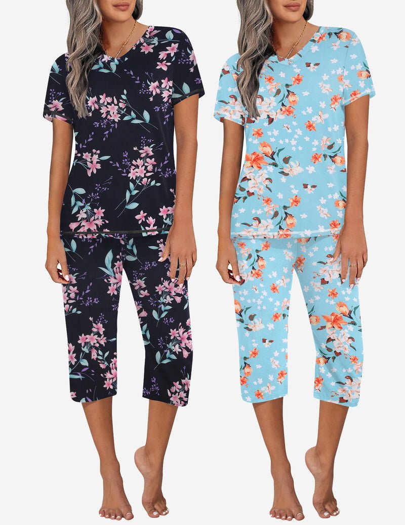 2-pack pajama set, dark floral short-sleeve top with capri pants