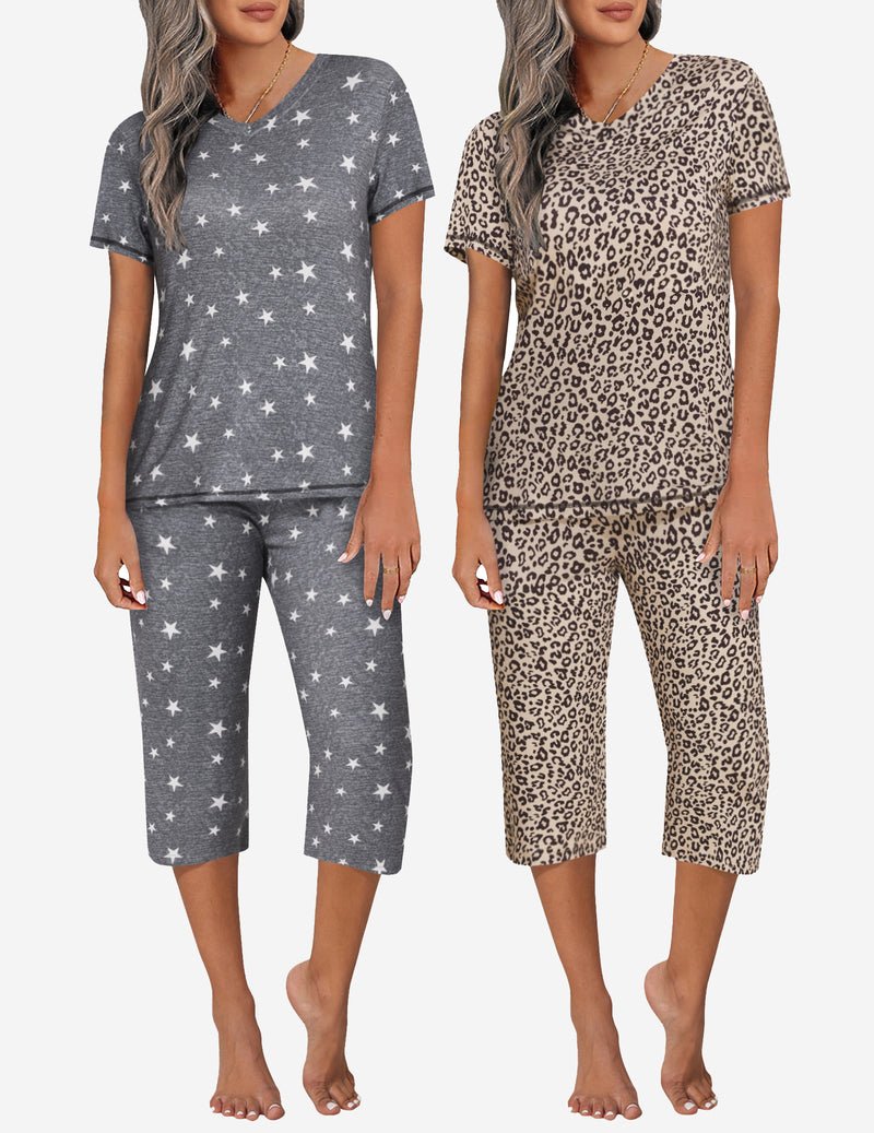 Two-piece pajama set: gray star print top with capri pants and leopard print matching set