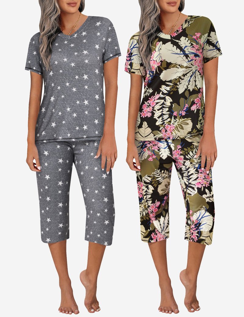 Two-piece pajama set: gray star print top with capri pants and floral tropical print set